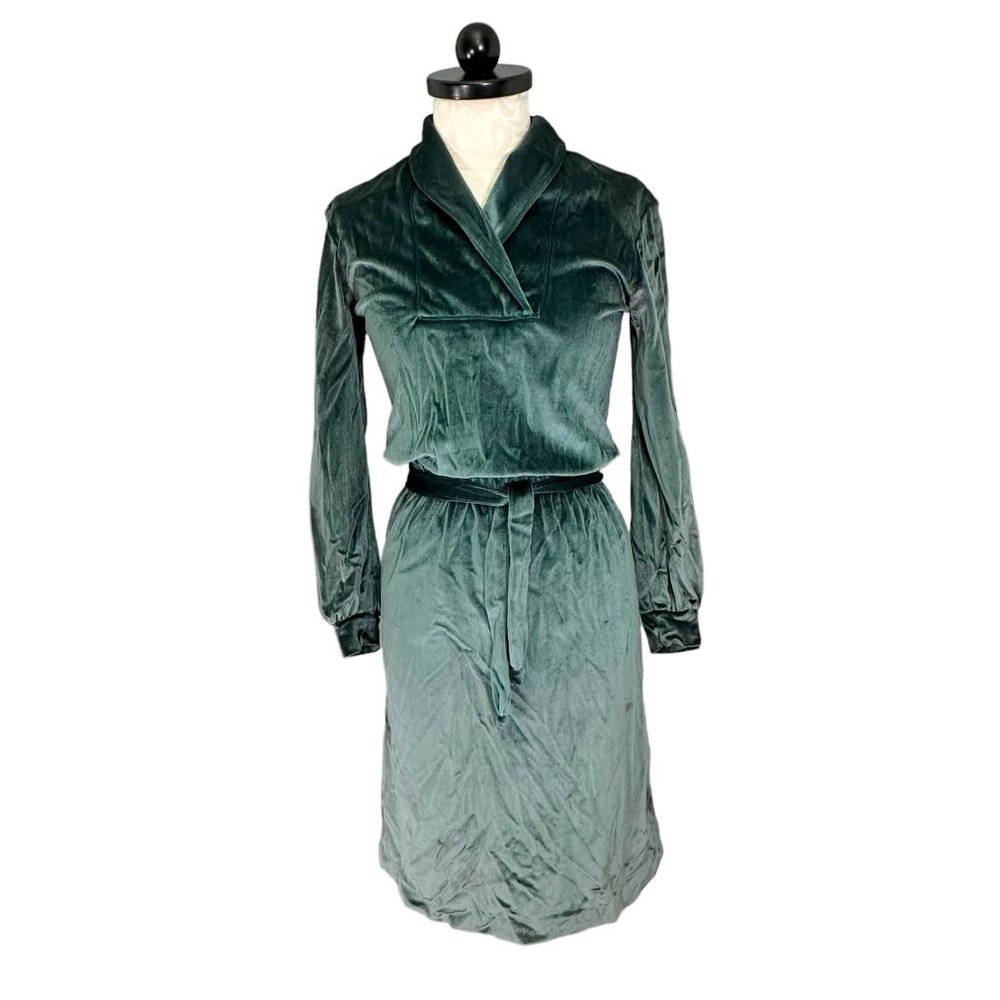 Vintage Teal Green Velvet Long Sleeve Dress